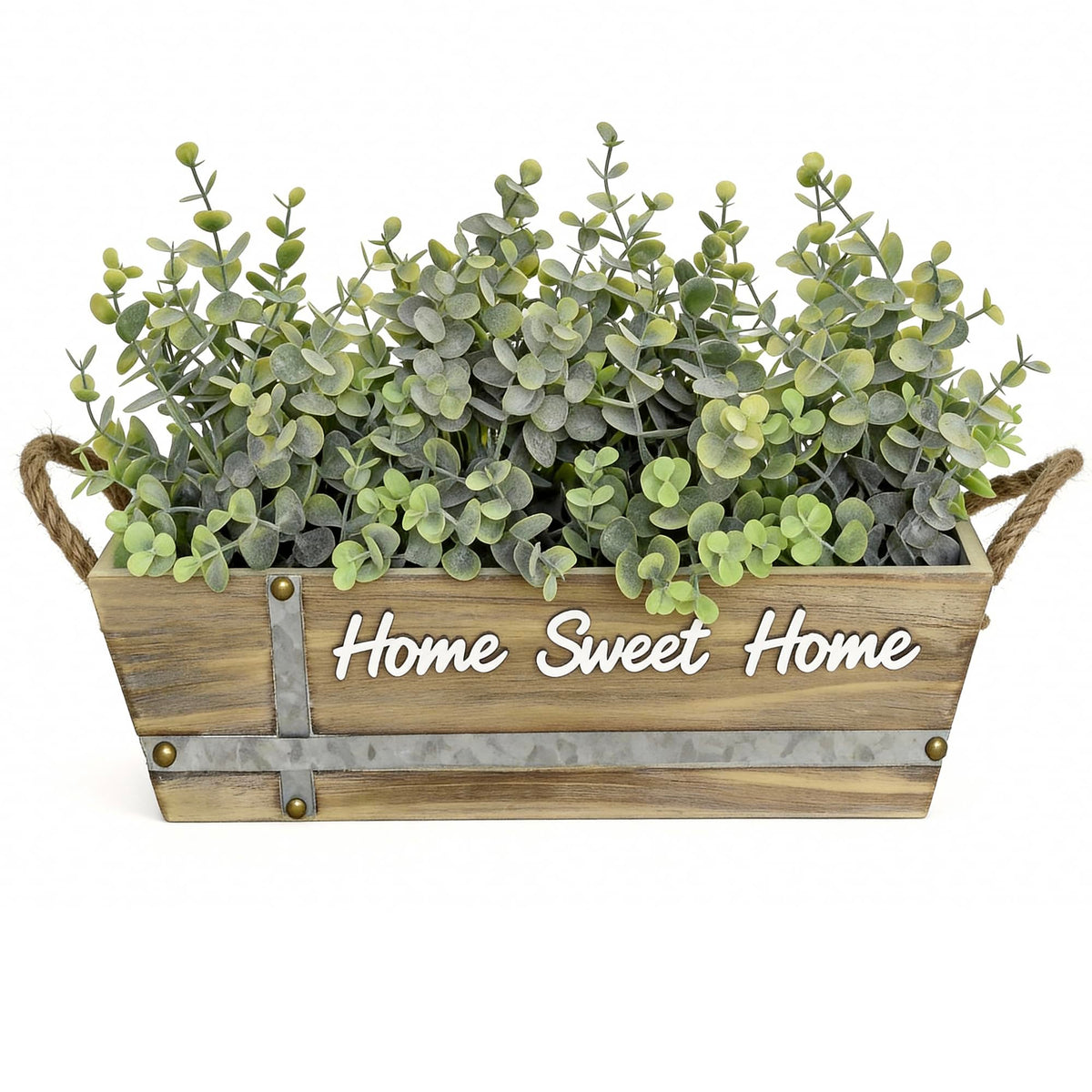 Hopeme artificial eucalyptus centerpiece in a wooden box adds rustic table charm.
