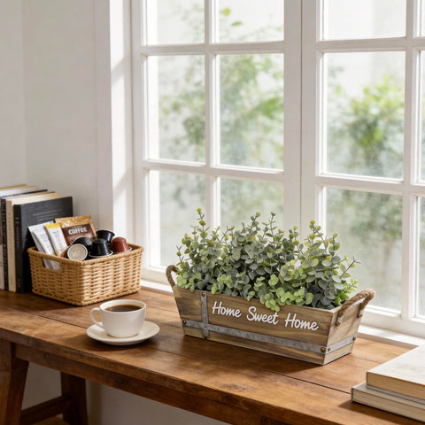 Hopeme centerpiece showcases jute rope handles for farmhouse style.