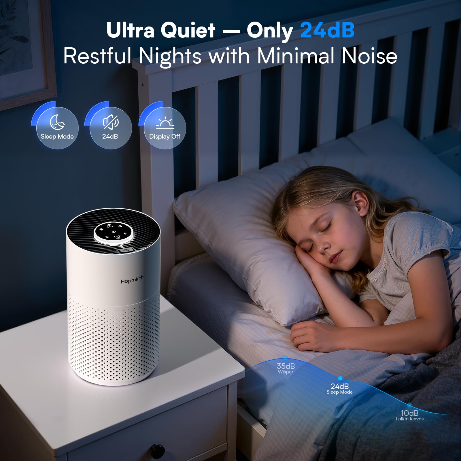 Hopmirth Upgraded Air Purifier in dorm room illustrating wide coverage.