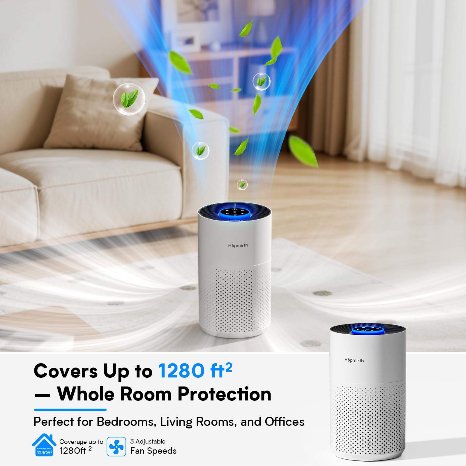 Hopmirth Upgraded Air Purifier top view with compact design for bedrooms.