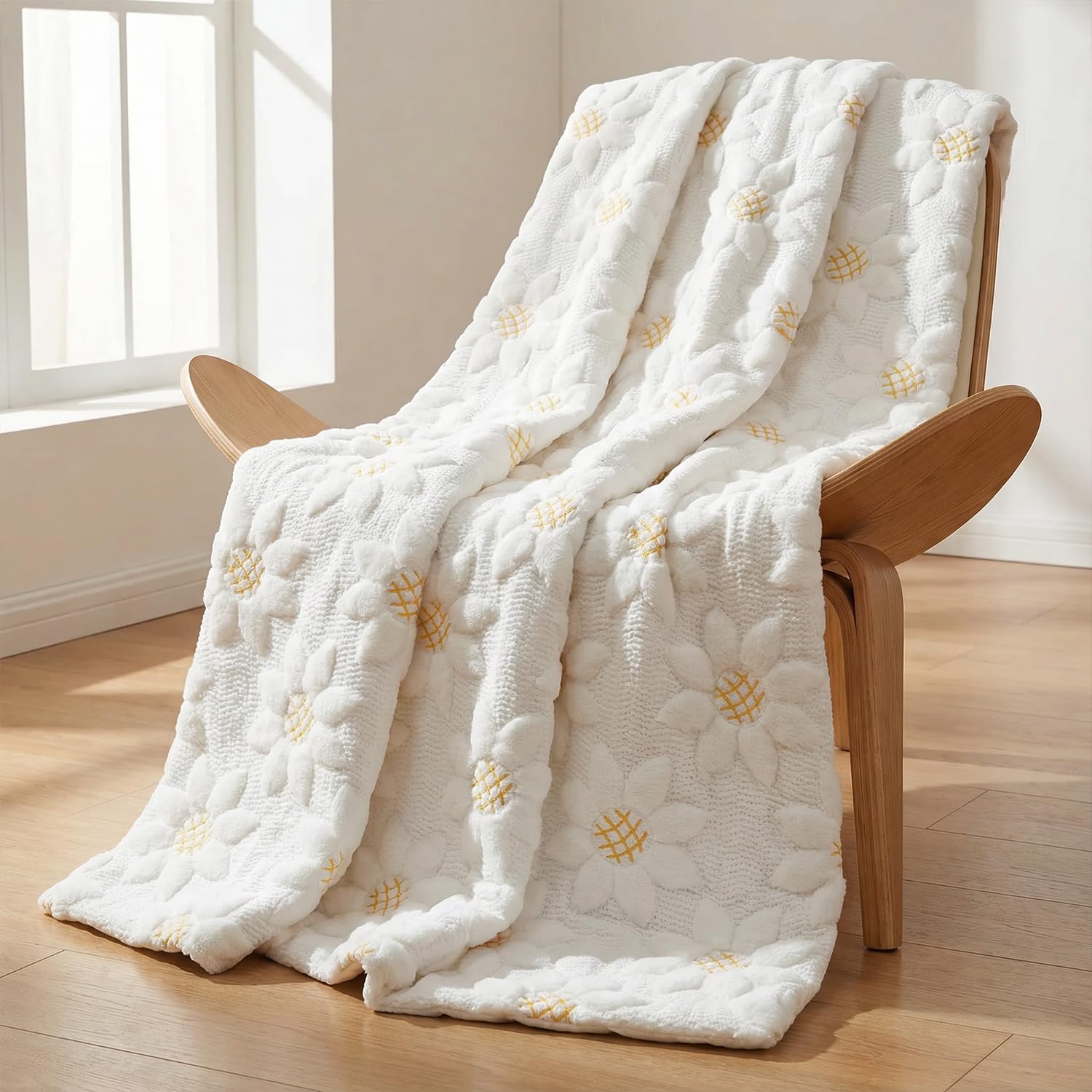 Horaldaily Spring Summer blanket throw in white sunflower design for versatile warmth.