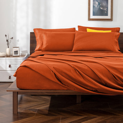 Horbaunal burnt orange queen fitted sheet with secure elastic for snug fit on up to 16 inch mattresses
