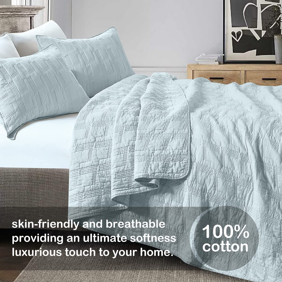 HORIMOTE HOME bedspread and shams feature geometric stitching for a modern look