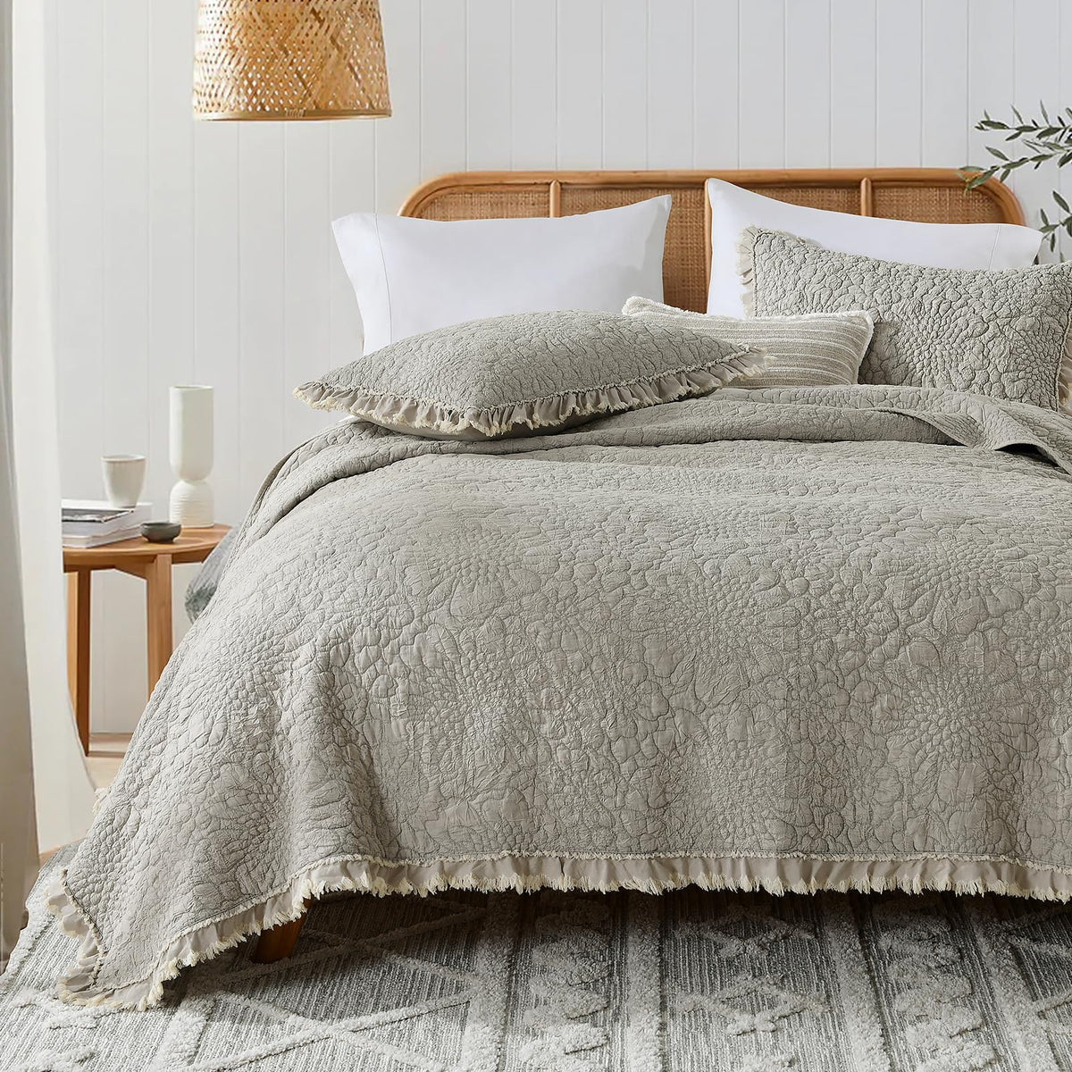 HORIMOTE HOME beige ruffled quilt bedspread with stone-washed microfiber texture for a cozy look