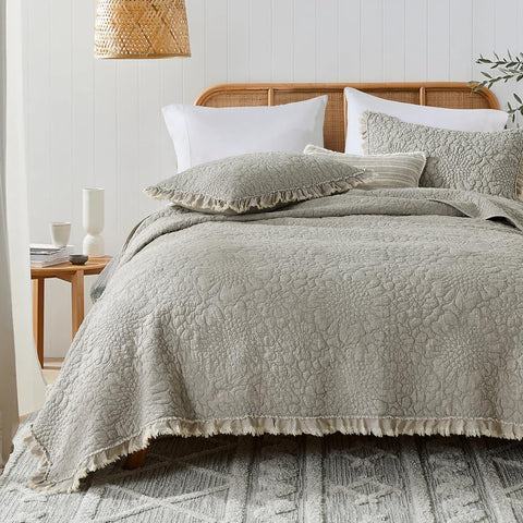 HORIMOTE HOME beige ruffled quilt bedspread with stone-washed microfiber texture for a cozy look