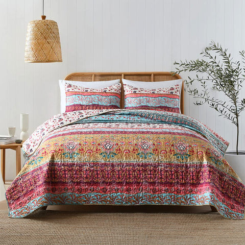 Horimote Home boho style king quilt set features vibrant florals and stripes for a bright bedroom.