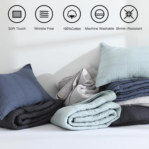 HORIMOTE HOME denim blue quilt care instruction arrow indicates easy washing.
