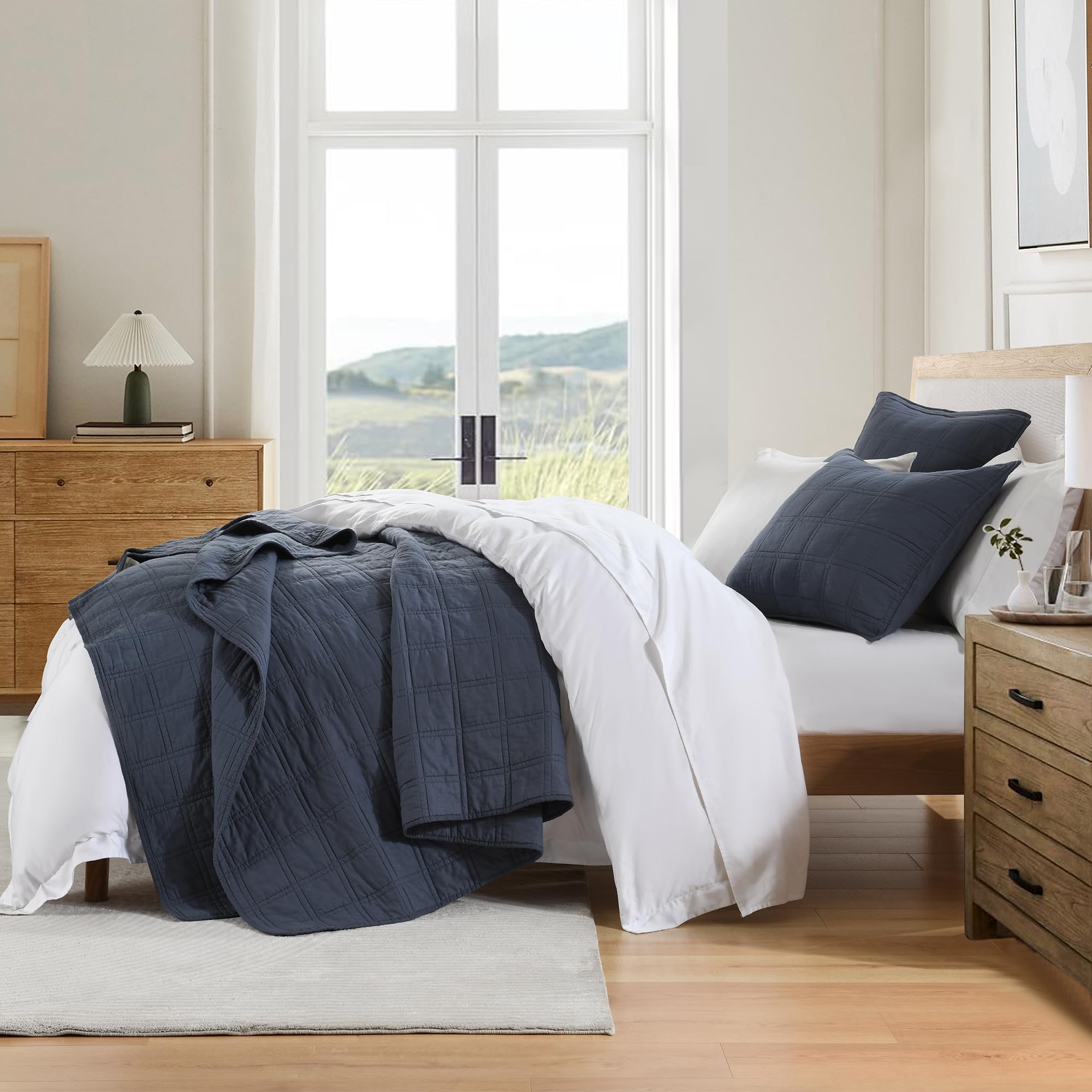 HORIMOTE HOME denim blue quilt stitching closeup highlights texture and soft hand.