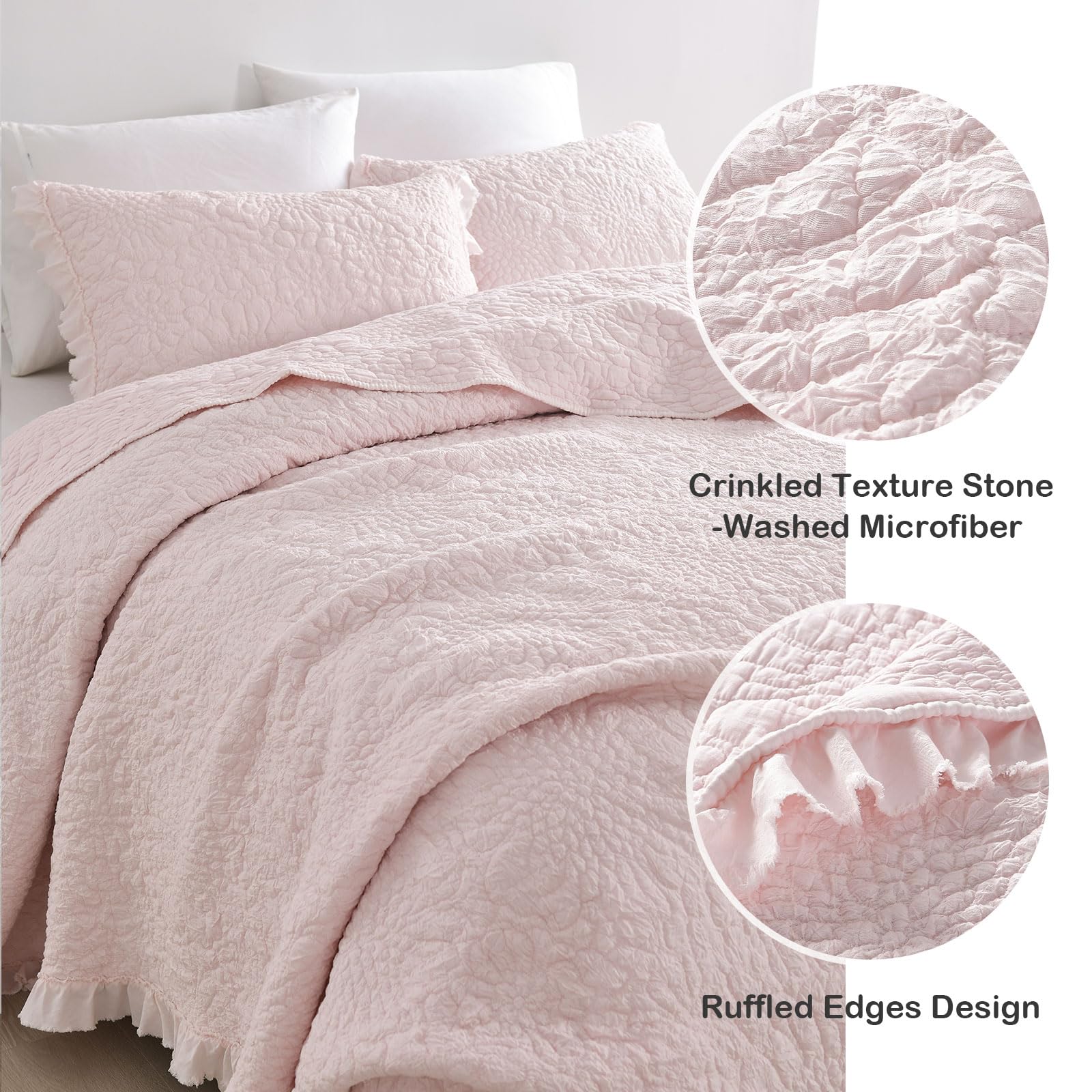 HORIMOTE HOME pink ruffled quilt back view showing soft texture and drape.