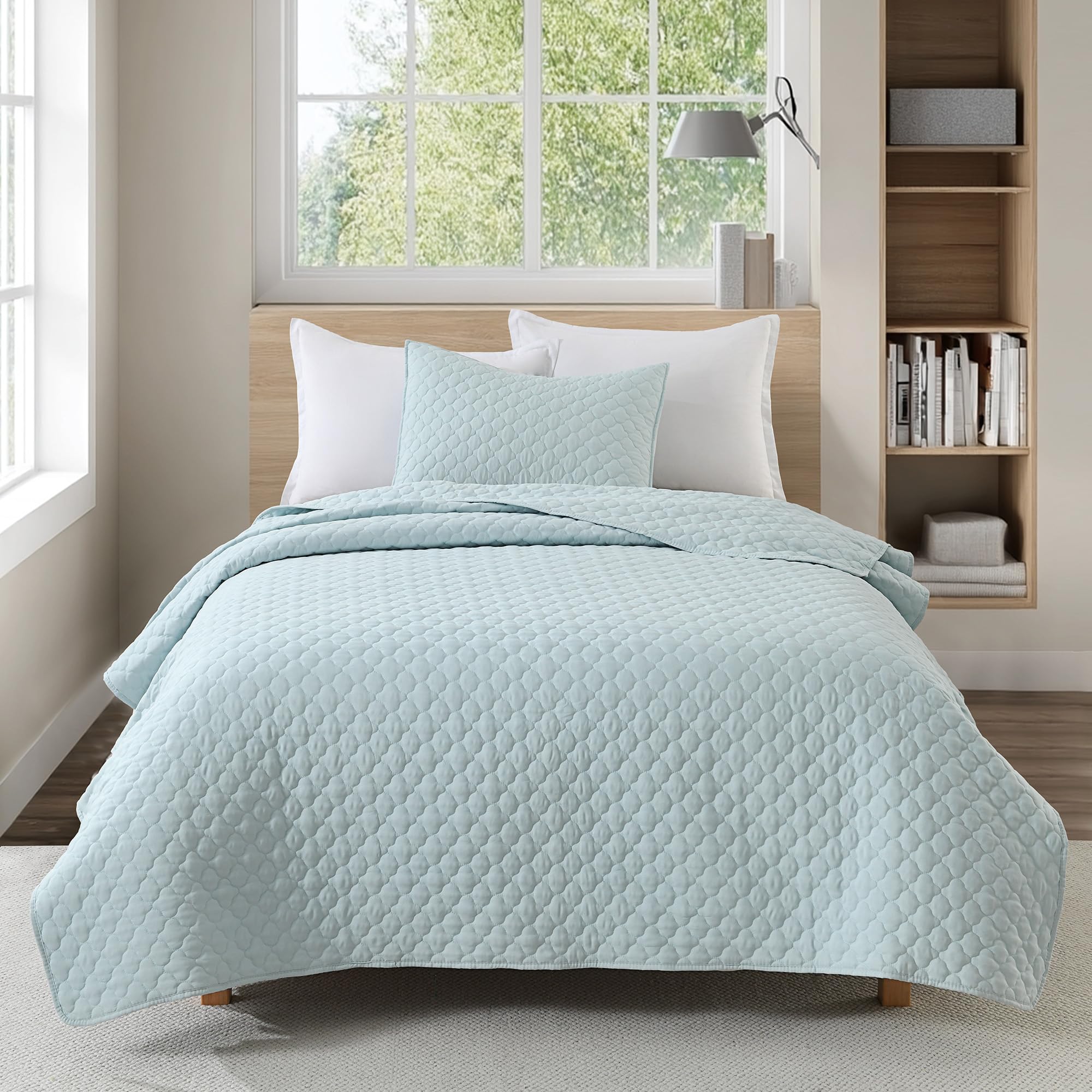 HORIMOTE HOME quilt queen aqua blue on a bed for summer comfort.