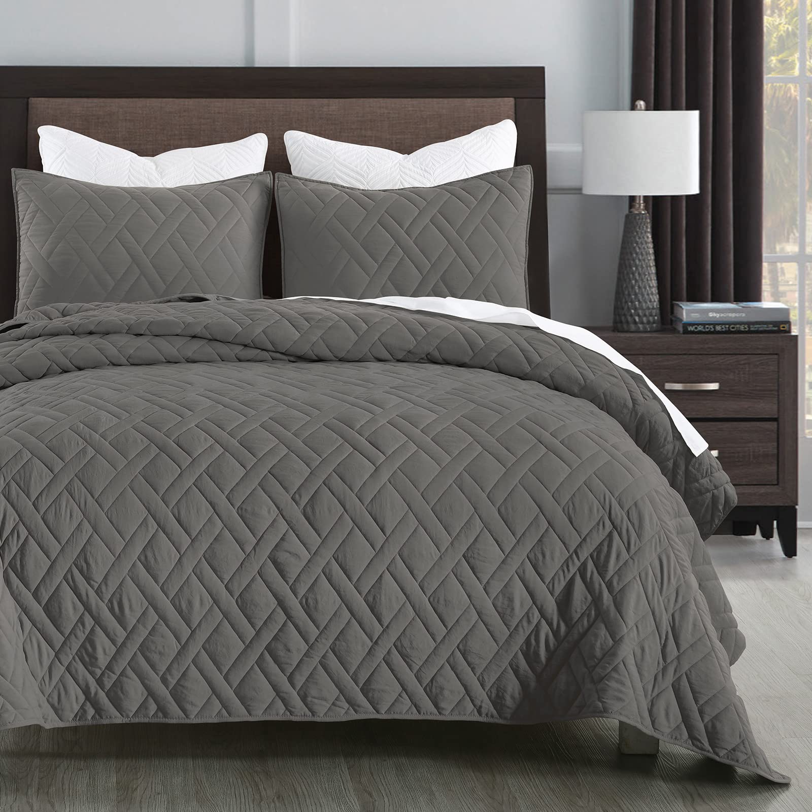 Horimote Home queen grey quilt set on bed showing soft microfiber comfort.