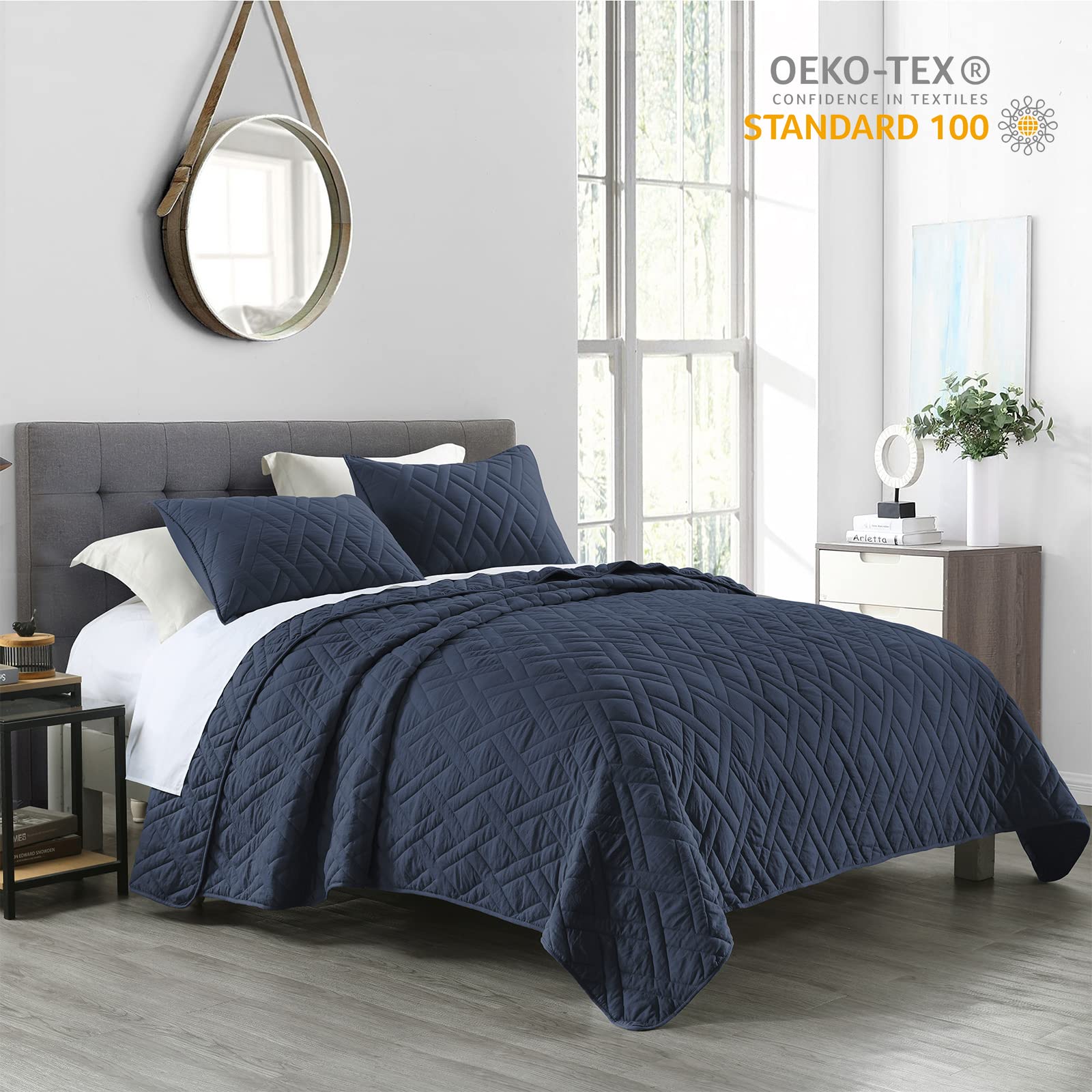 HORIMOTE HOME twin navy blue quilt set closeup fabric showing soft texture.