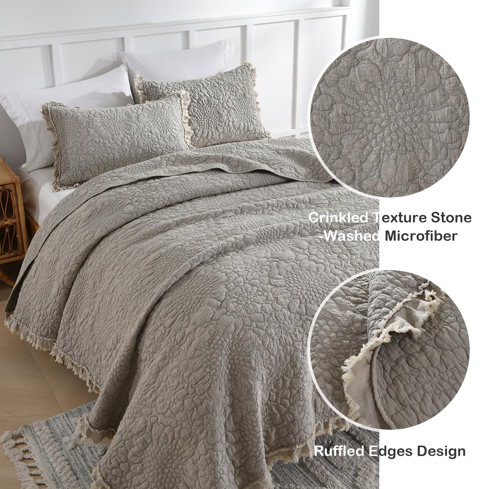 Stone-washed microfiber texture of HORIMOTE HOME quilt enhances casual, chic bedroom feel