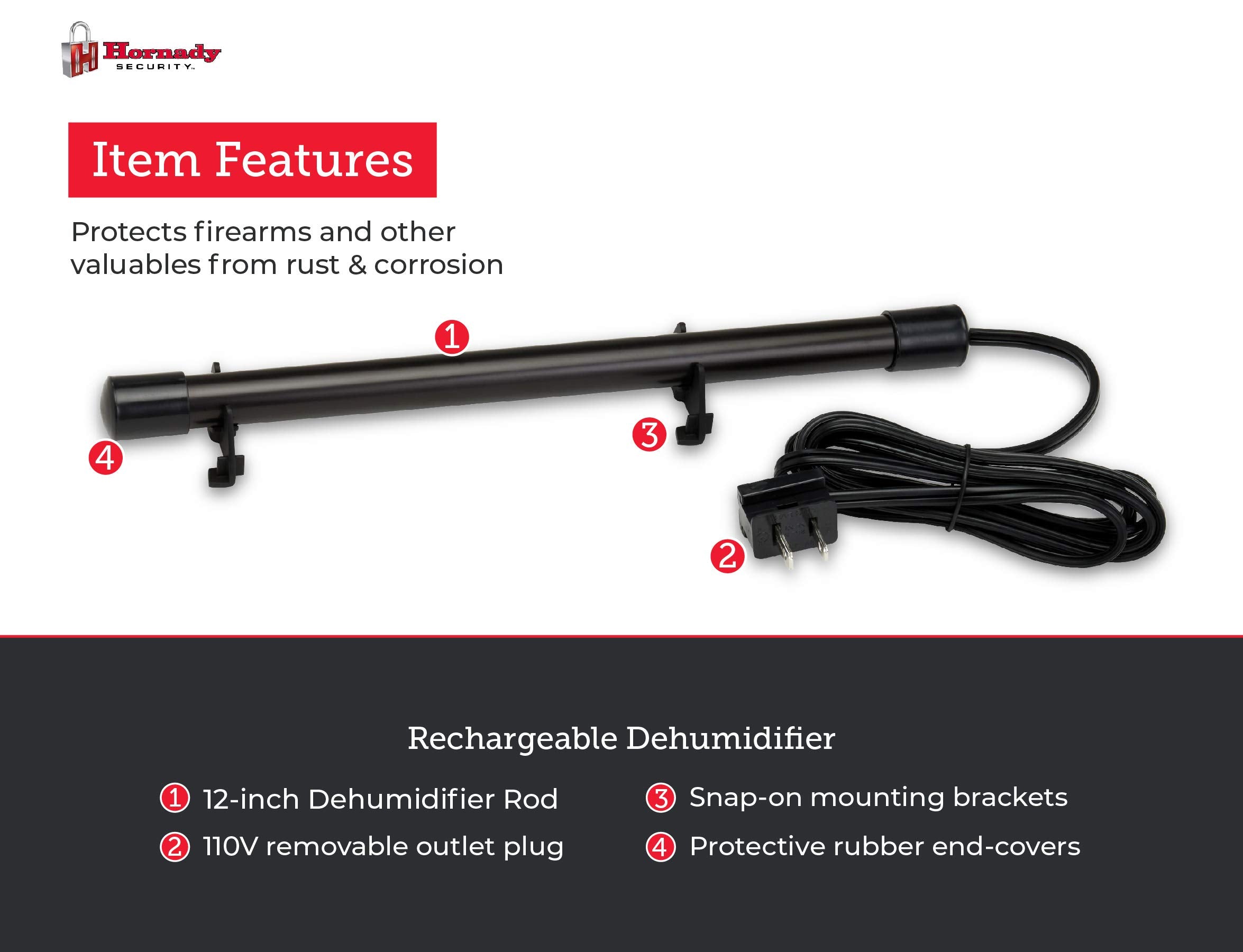 Hornady 95903 dehumidifier rod in safe shows continuous humidity control area
