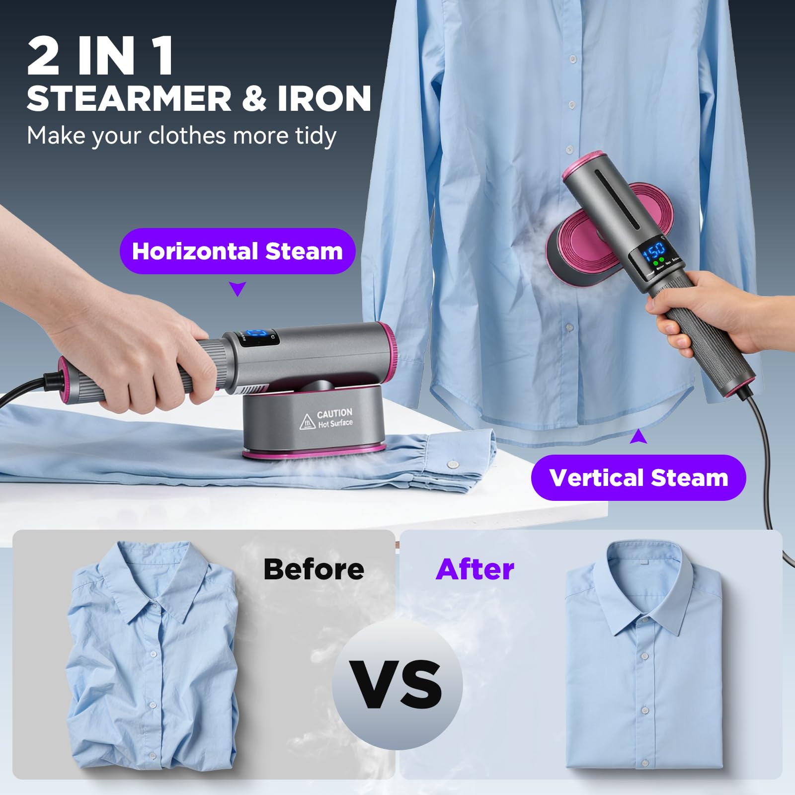 HORTIGRACE 1200W fast heat-up delivers powerful steam quickly