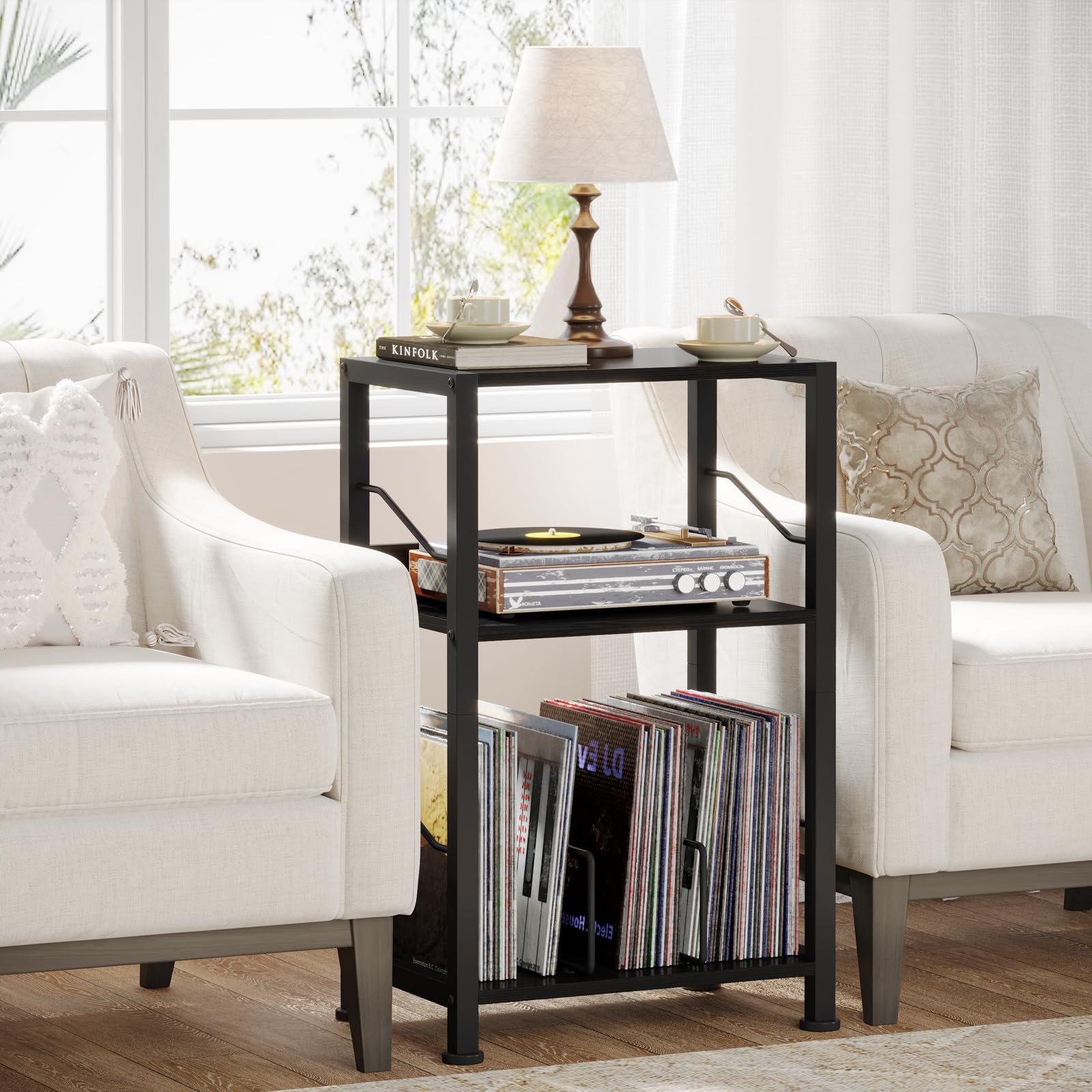 Hosfais 3-tier stand top surface close-up highlighting roomy storage area