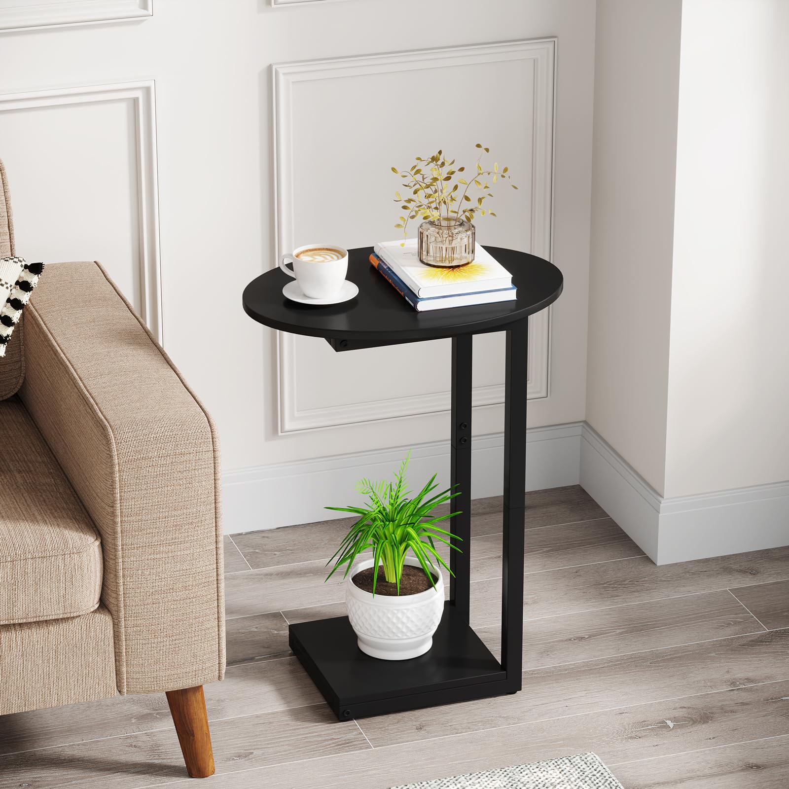 Hosfais C-shaped sofa side table in living room supports snacks and devices