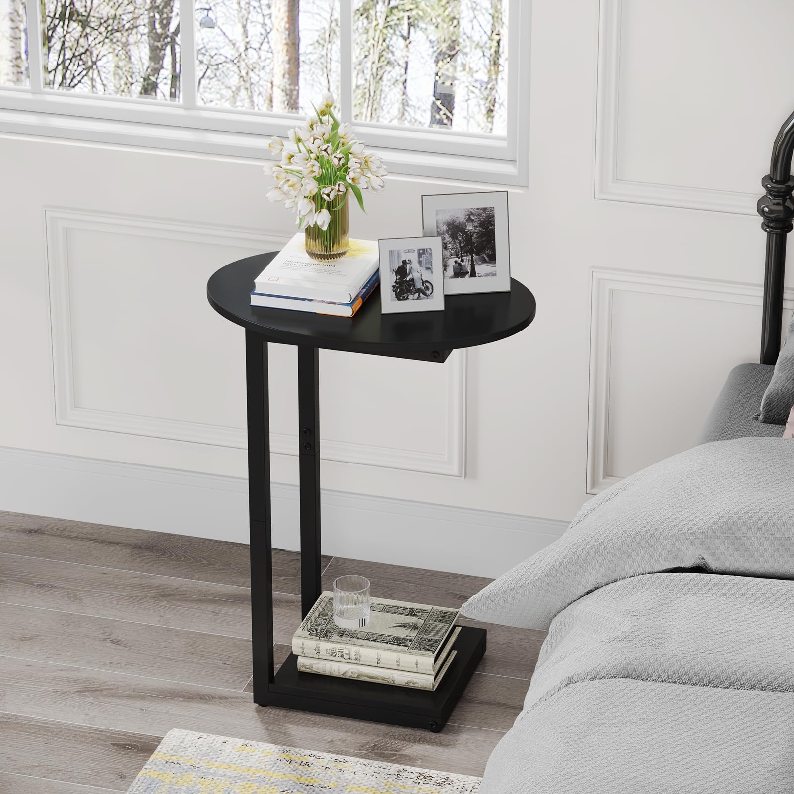 Hosfais end table wood top with matte black finish enhancing living room style