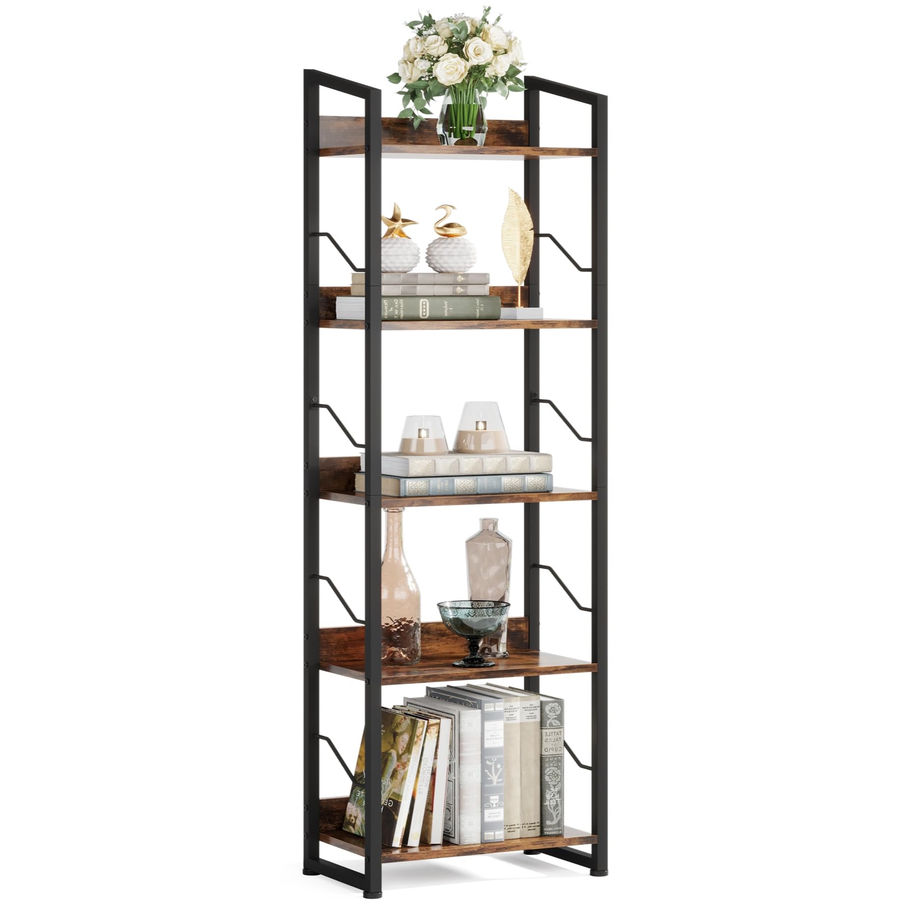 Hosfais 5-tier bookshelf front view in rustic brown showing sturdy metal frame.