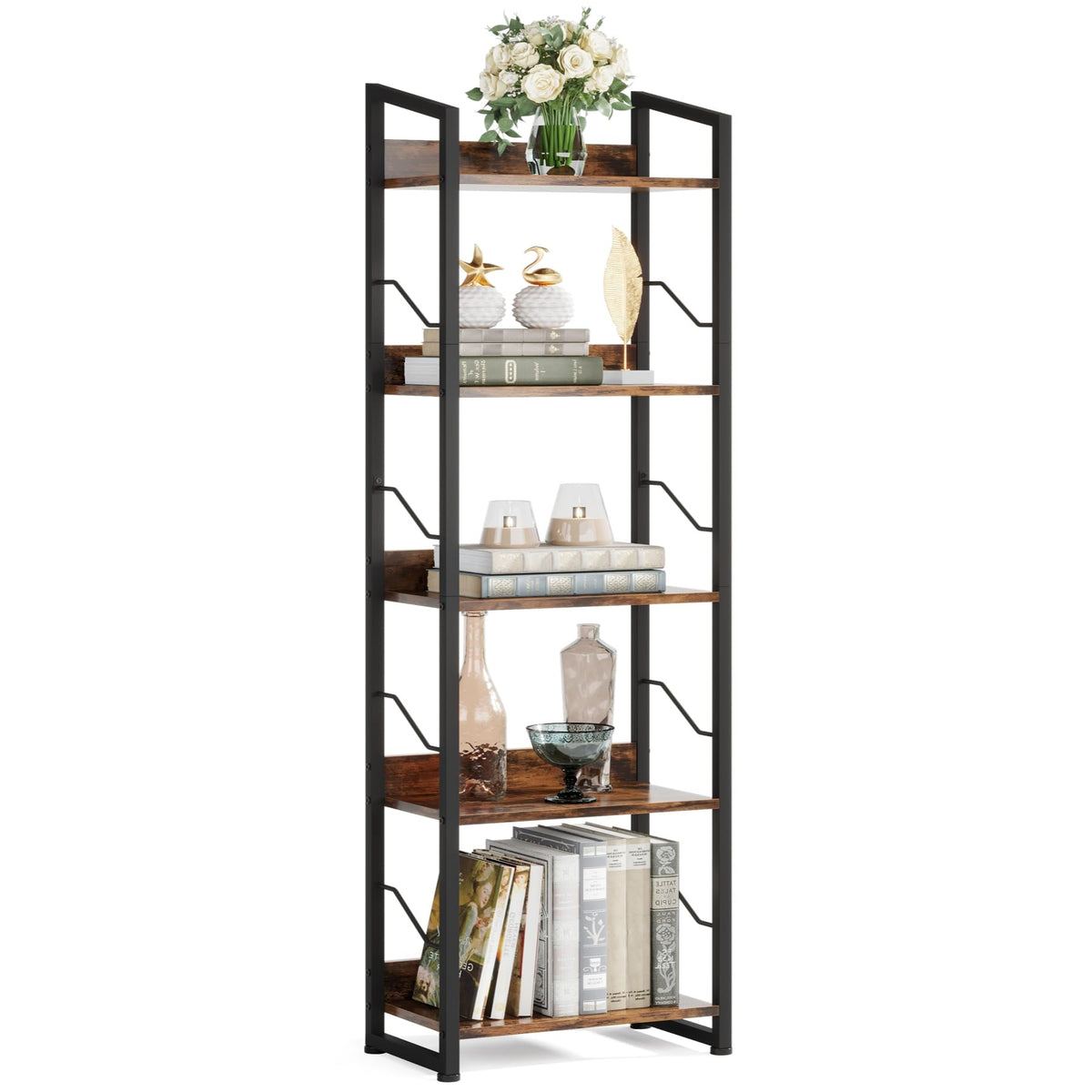 Hosfais 5-tier bookshelf front view in rustic brown showing sturdy metal frame.