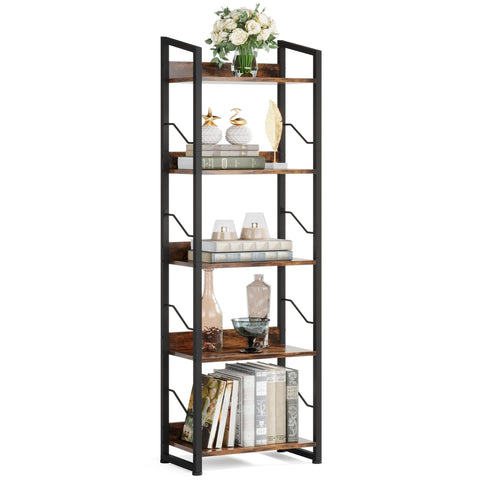 Hosfais 5-tier bookshelf front view in rustic brown showing sturdy metal frame.