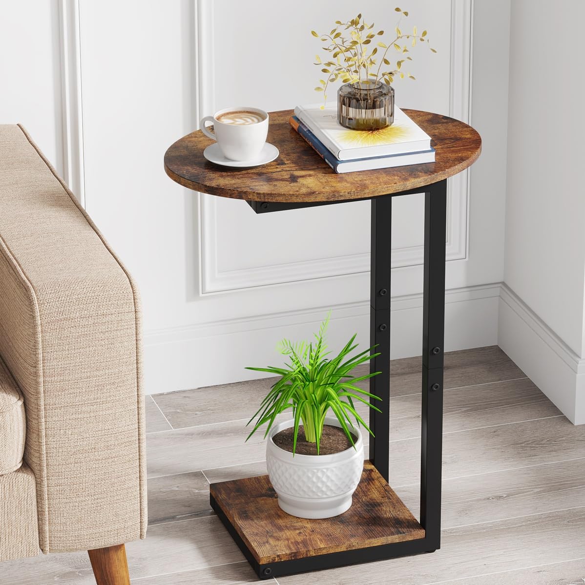 Hosfais side table with rustic brown wood surface enhances living room decor