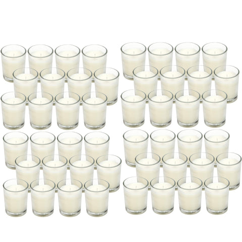 Hosley clear glass votive candle with 10-12 hour burn, perfect for table centerpieces.