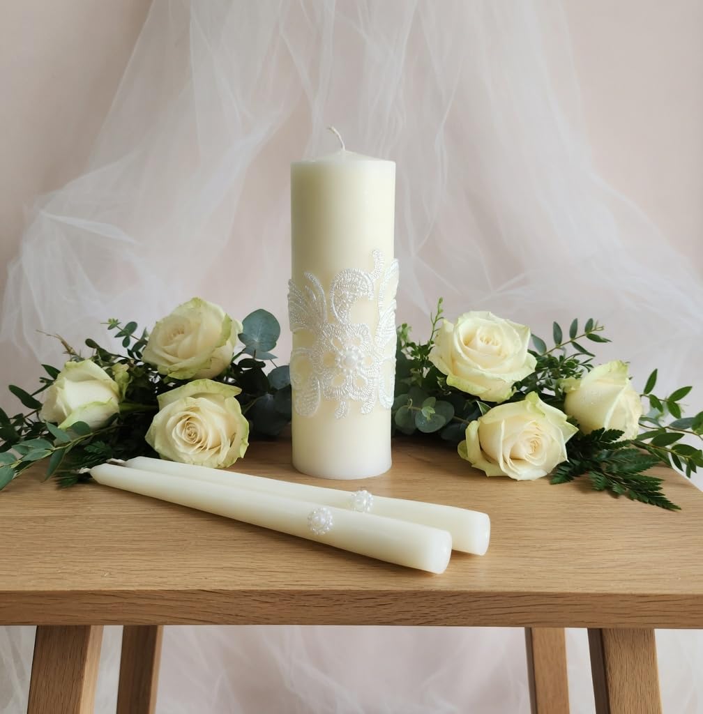 Hosley unity candle set on table creates a refined ceremony focal point.