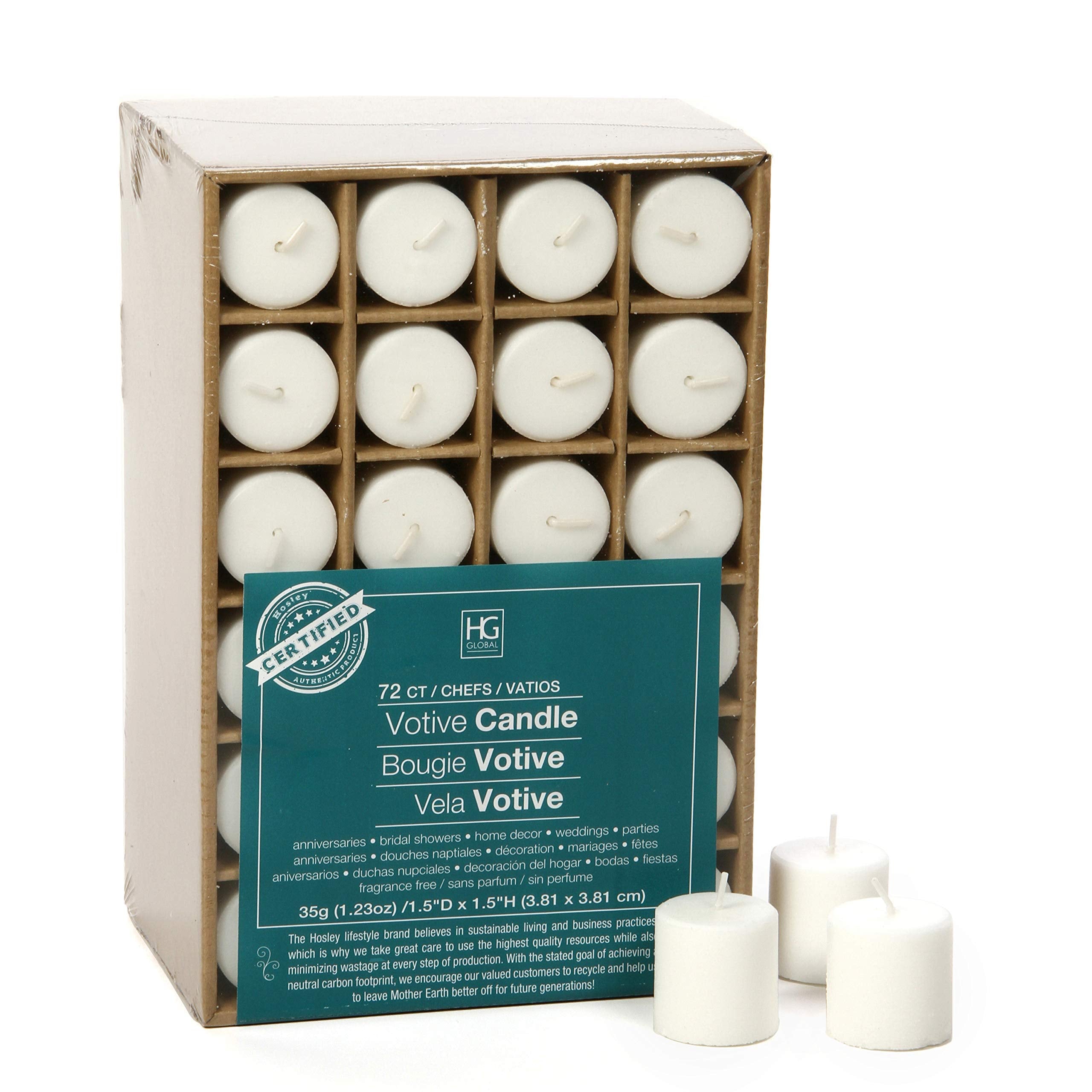 Hosley unscented white votive candles 72-pack in box packaging for easy storage and display
