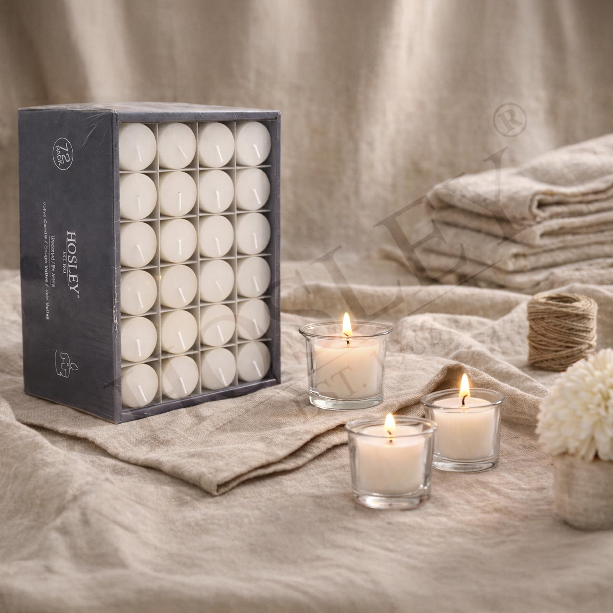 Hosley unscented white votive candles 72-pack burn-time display for long-lasting ambiance