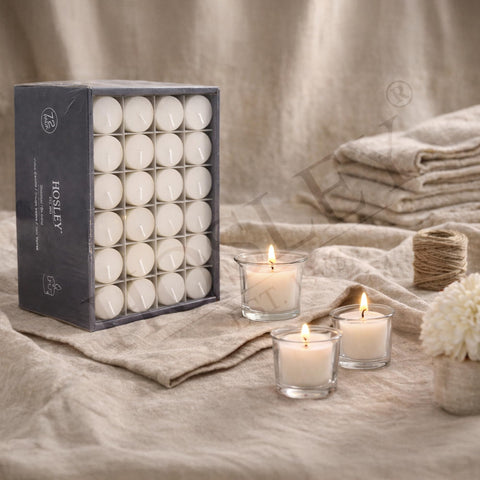 Hosley unscented white votive candles 72-pack burn-time display for long-lasting ambiance