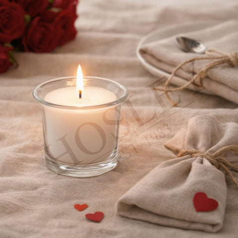 Hosley unscented white votive candles 72-pack burning in a glass votive holder for warm light