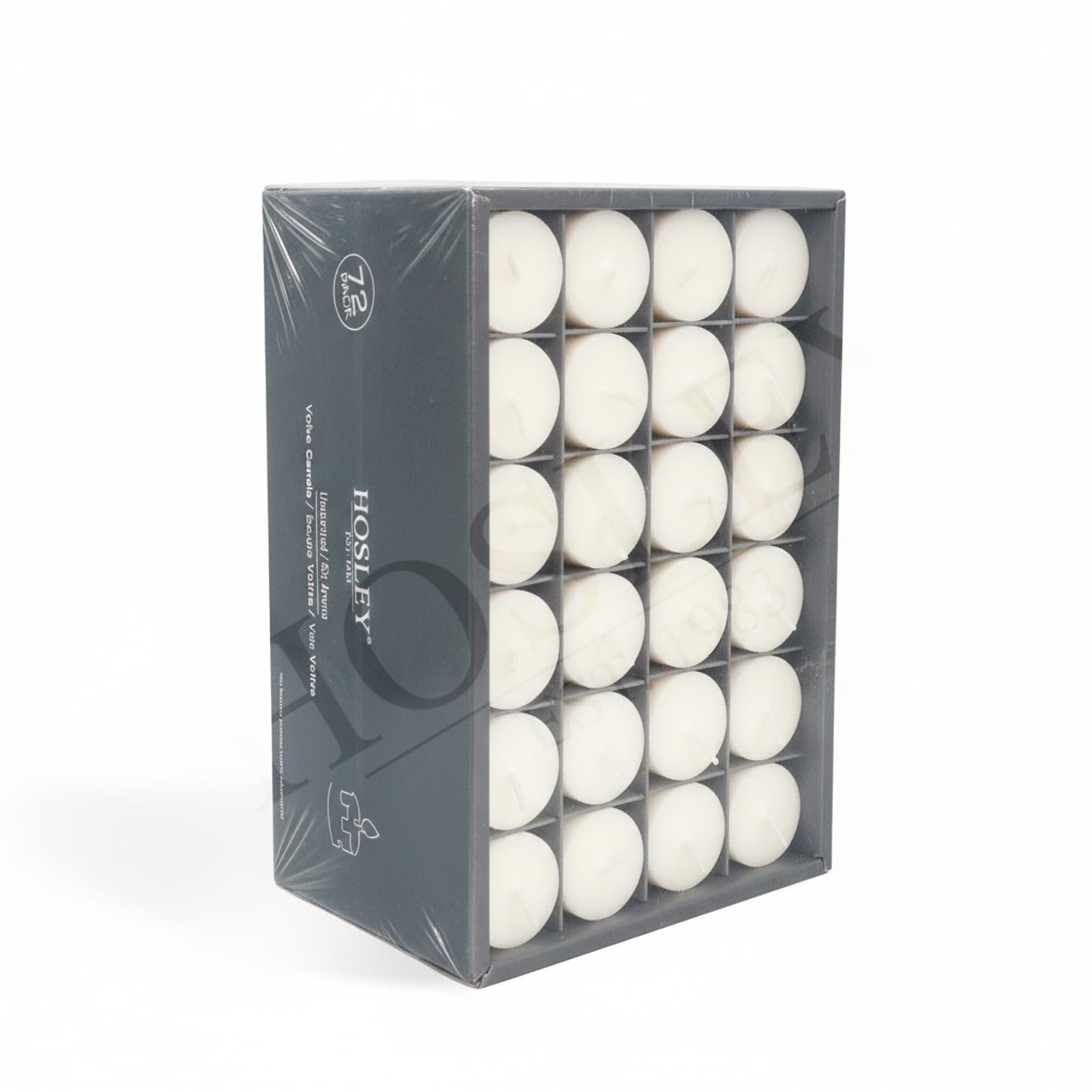 Hosley unscented white votive candles 72-pack displayed in a centerpiece