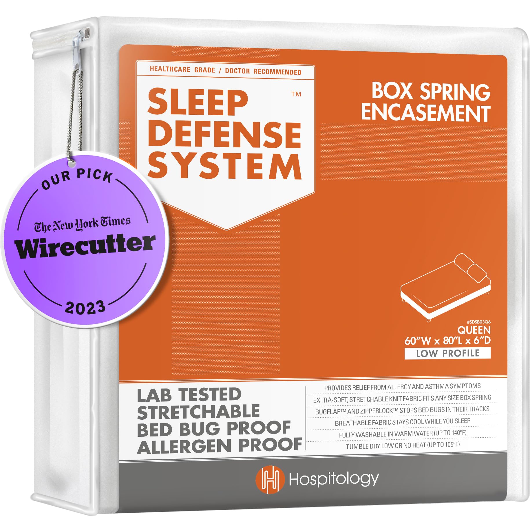 Hospitology box spring encasement closed with zipper protects against dust mites.