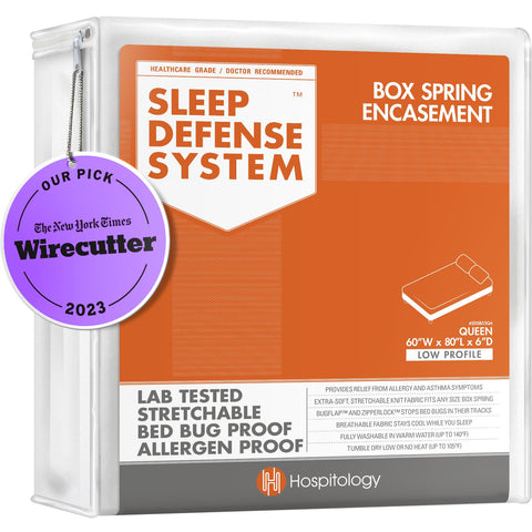 Hospitology box spring encasement closed with zipper protects against dust mites.