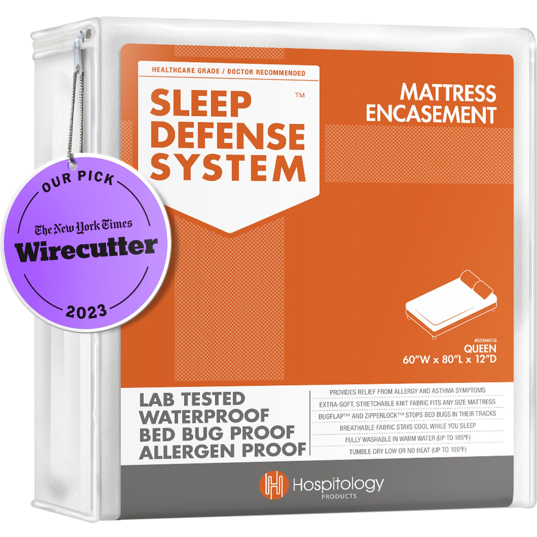 HOSPITOLOGY PRODUCTS mattress encasement with zipper for secure dust-mite protection.