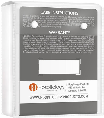 HOSPITOLOGY queen-size encasement on bed demonstrates snug fit and protection.