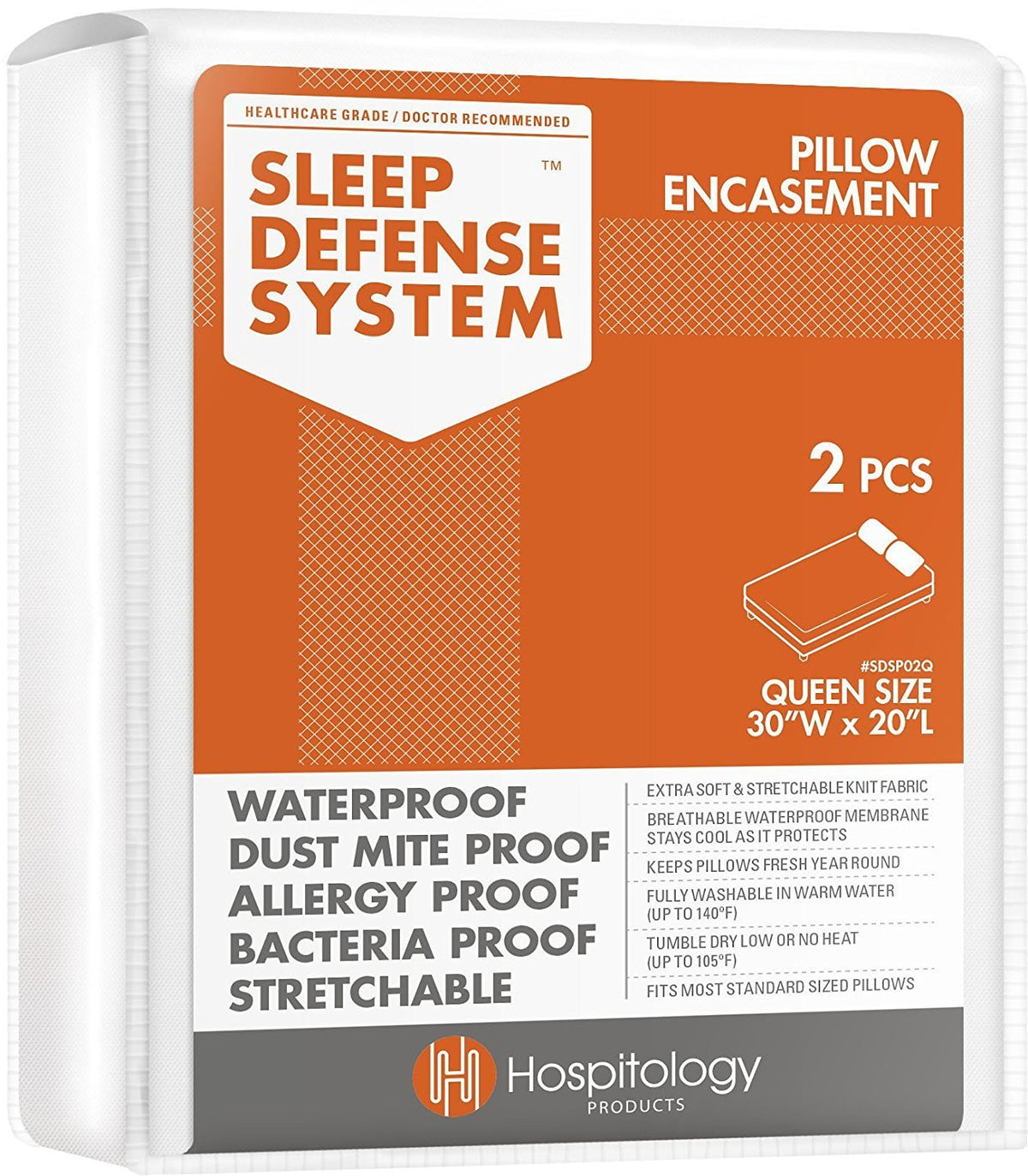 HOSPITOLOGY pillow encasement close-up shows waterproof zipper barrier protecting the pillow.