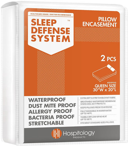 HOSPITOLOGY pillow encasement close-up shows waterproof zipper barrier protecting the pillow.