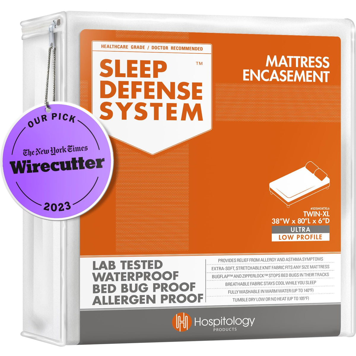 HOSPITOLOGY PRODUCTS mattress encasement zippered cover shields against dust mites for cleaner sleeping environment.