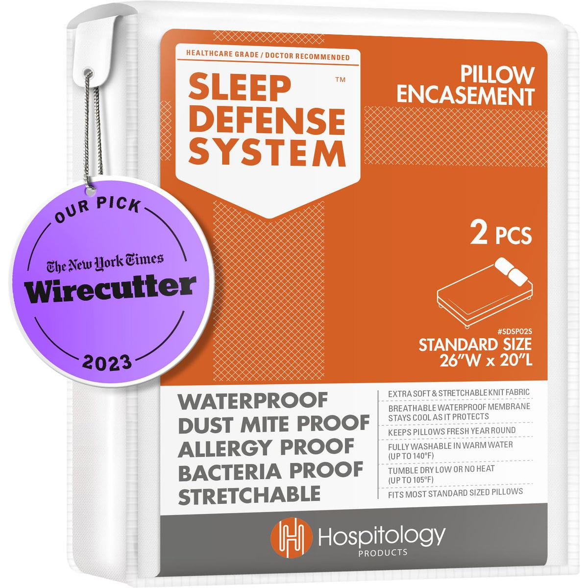 HOSPITOLOGY PRODUCTS pillow encasement front view with waterproof, breathable protection.