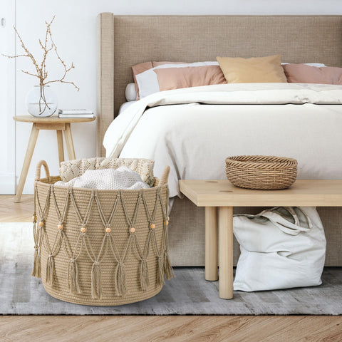 HOSROOME Blanket Basket blends boho charm with functional storage in any room.