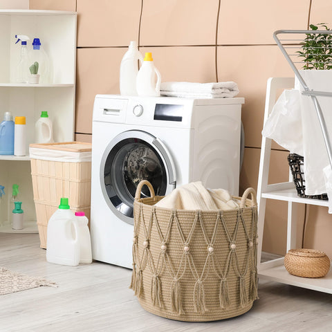 HOSROOME Blanket Basket highlights macrame accents with wooden beads for stylish storage.