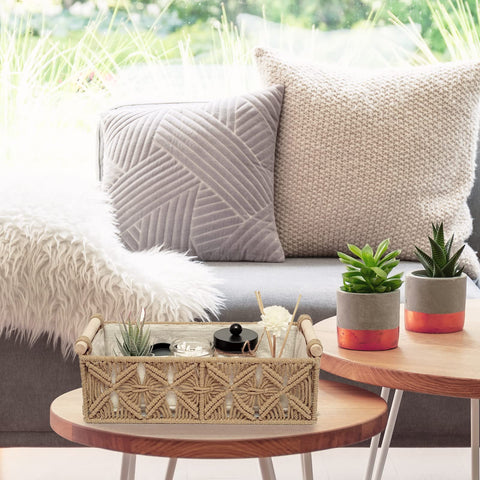 HOSROOME handmade macrame basket, close-up weave adding texture and flair.