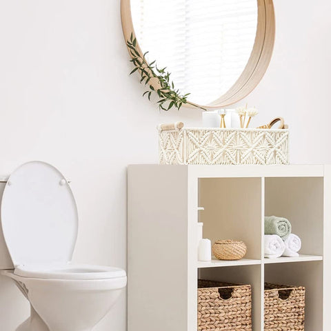 HOSROOME handmade storage bin presents artisanal detail on shelves