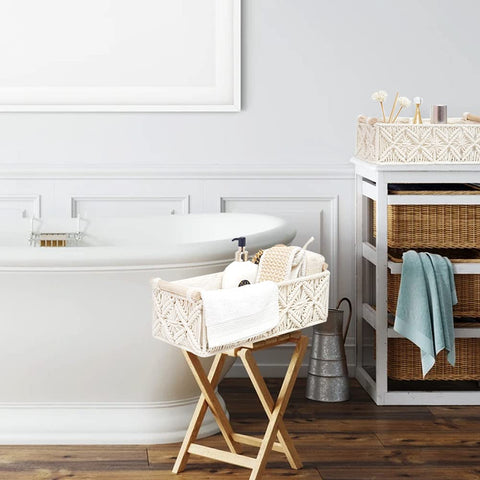 HOSROOME macrame basket on a kitchen counter for quick access