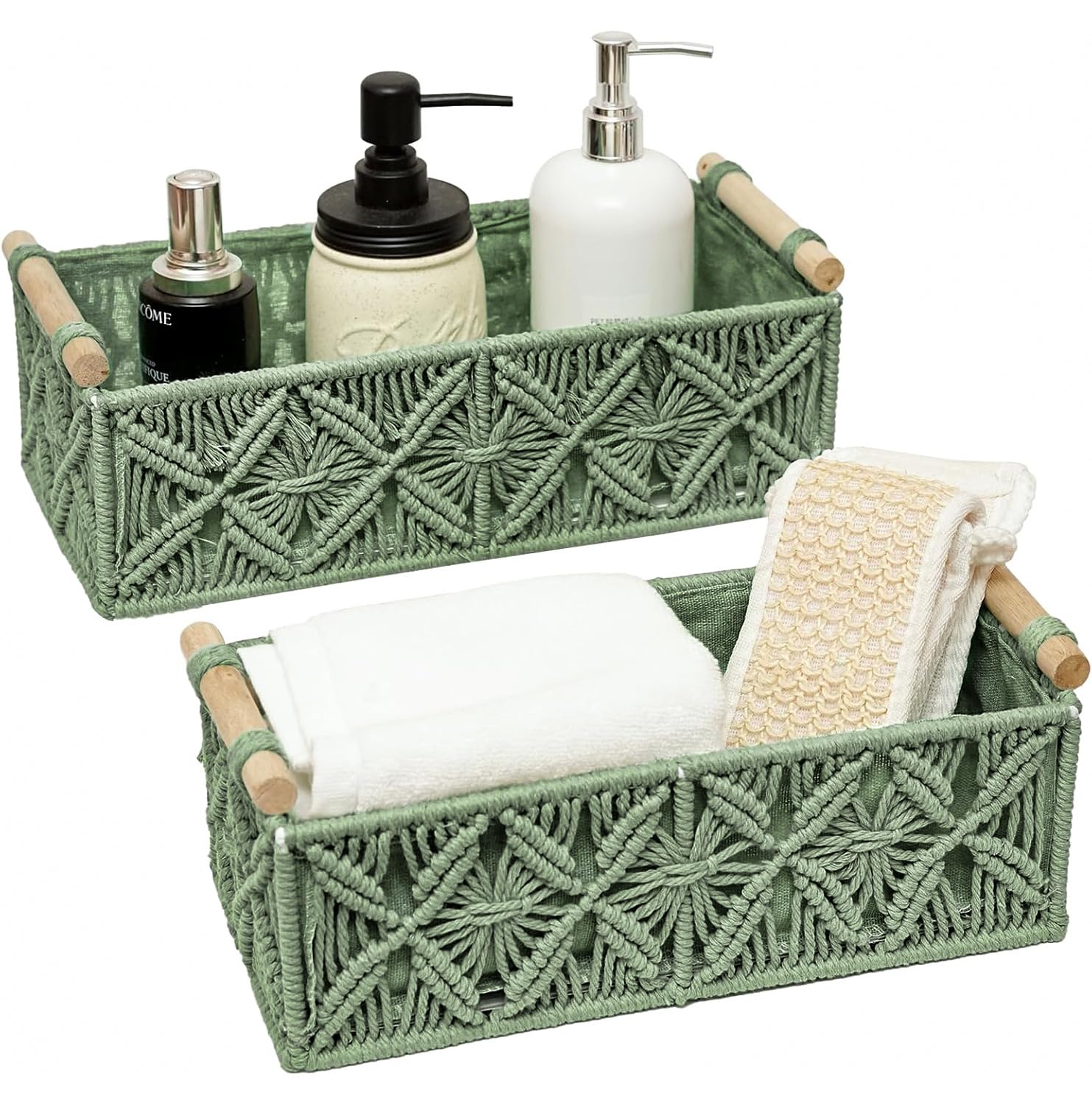 HOSROOME macrame green basket on countertop for stylish storage.