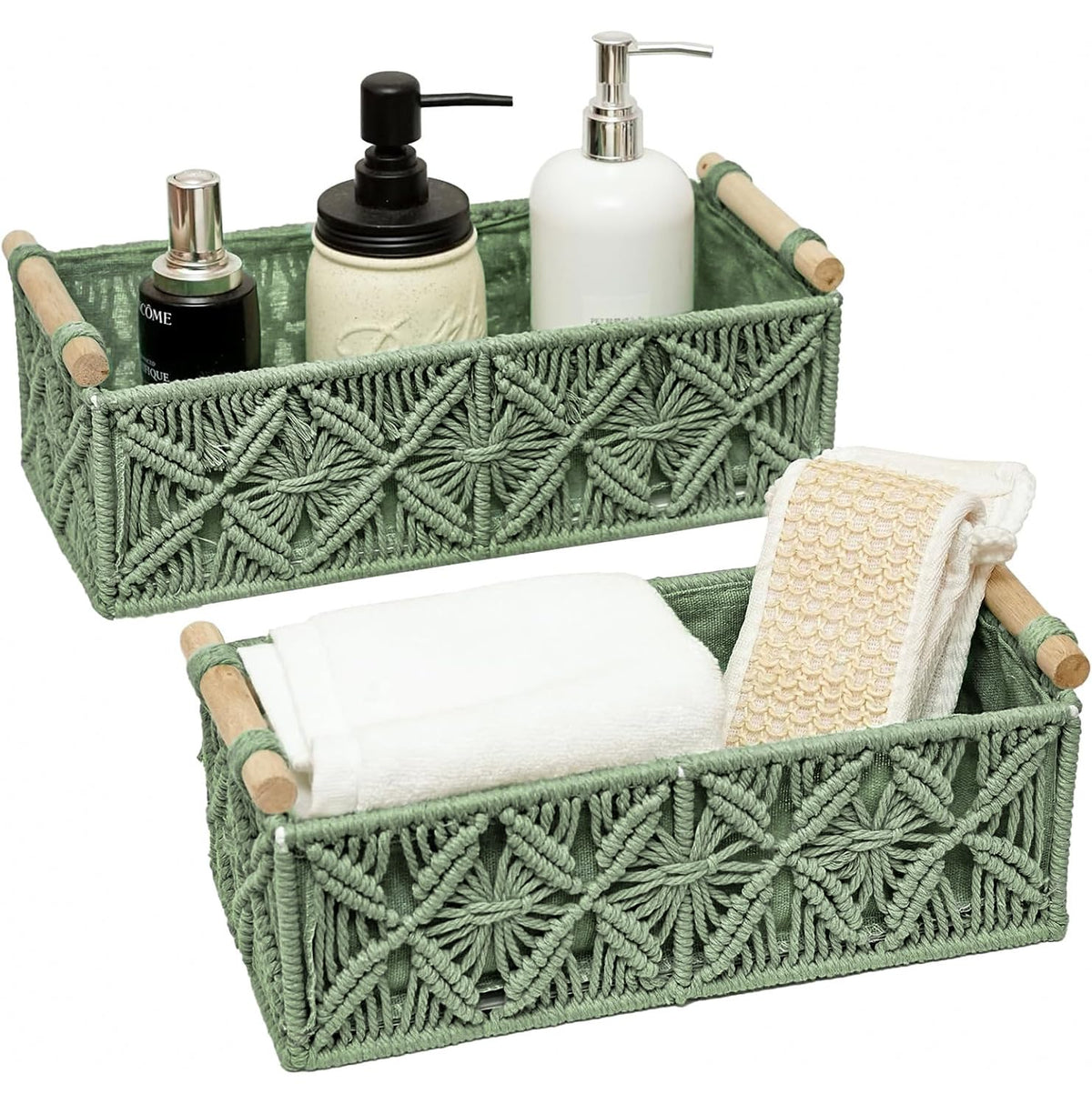 HOSROOME macrame green basket on countertop for stylish storage.