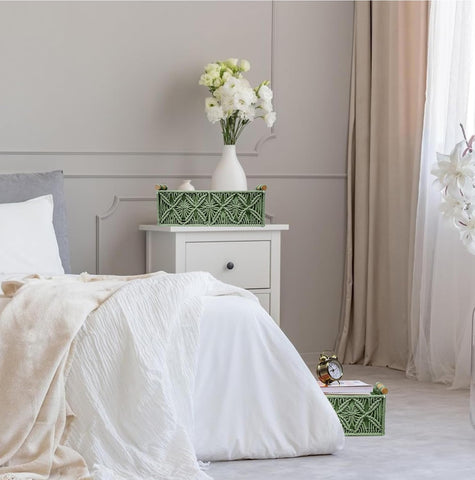HOSROOME macrame green boho basket enhances bedroom decor and organization.