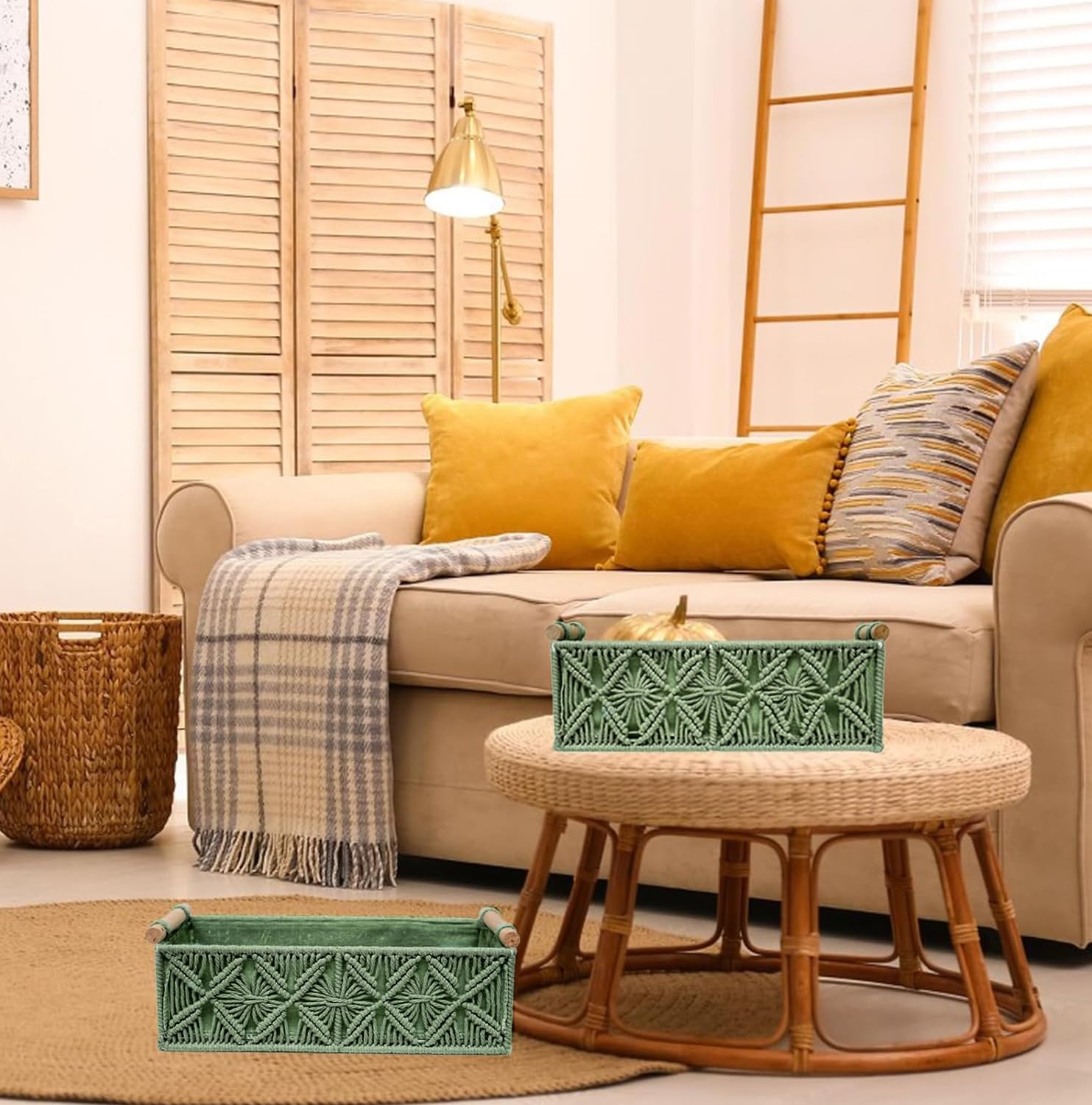 HOSROOME macrame green basket ideal for kitchen storage and small items.